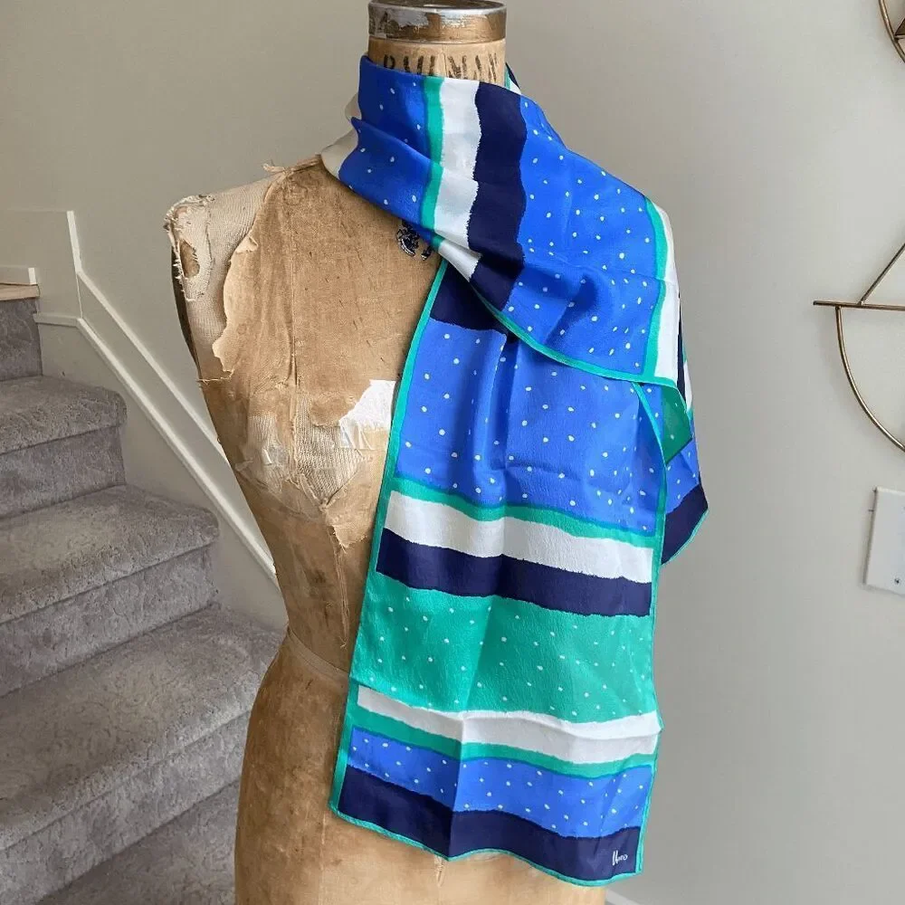Vintage 1970s Vera Neumann Blue Tone Striped Polka Dot Print 100% Silk Long Scar
